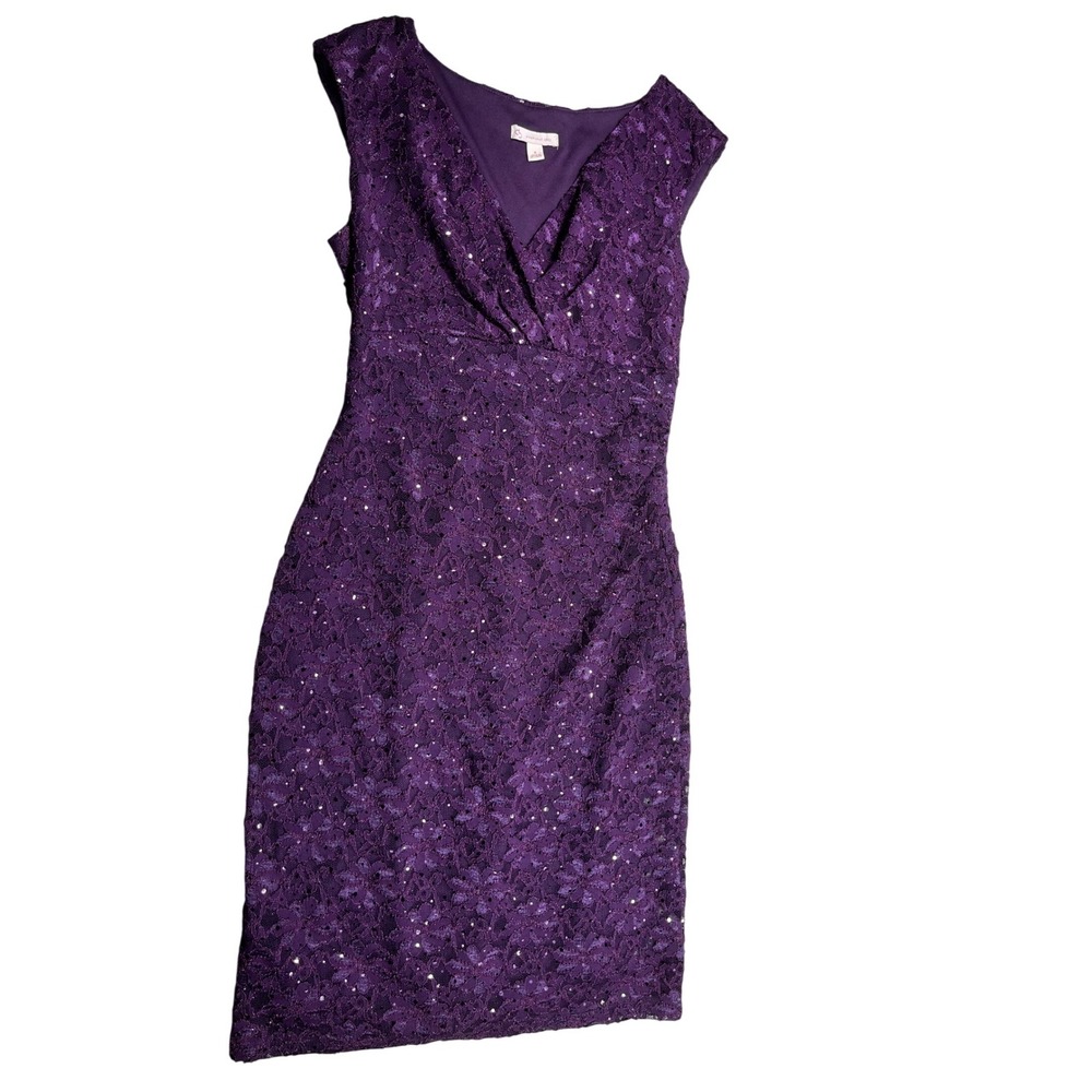 Dress Barn Purple Sequin Lace Cocktail Dress Size 6 Sleeveless Sheath Midi